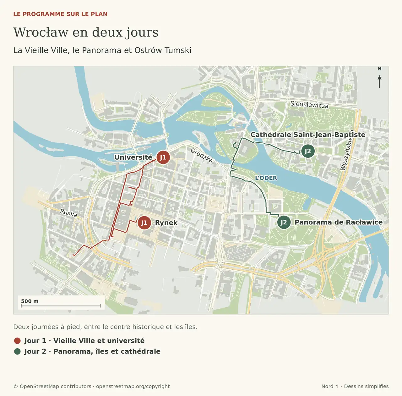 Wrocław en deux jours : La Vieille Ville, le Panorama et Ostrów Tumski. Les repères sont détaillés dans la légende sous le plan.