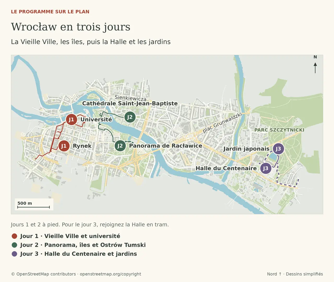 Wrocław en trois jours : La Vieille Ville, les îles, puis la Halle et les jardins. Les repères sont détaillés dans la légende sous le plan.