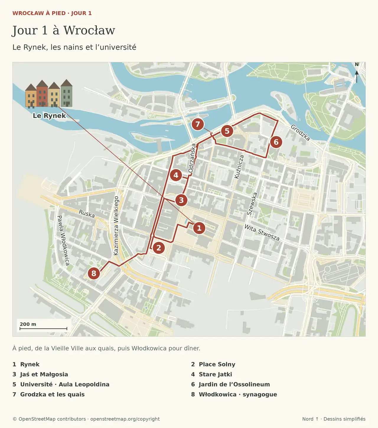 Jour 1 à Wrocław : Le Rynek, les nains et l’université. Les repères sont détaillés dans la légende sous le plan.