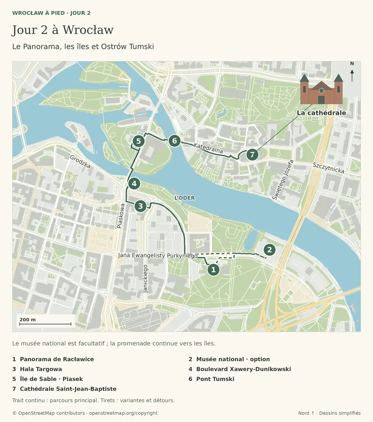 Jour 2 à Wrocław : Le Panorama, les îles et Ostrów Tumski. Les repères sont détaillés dans la légende sous le plan.