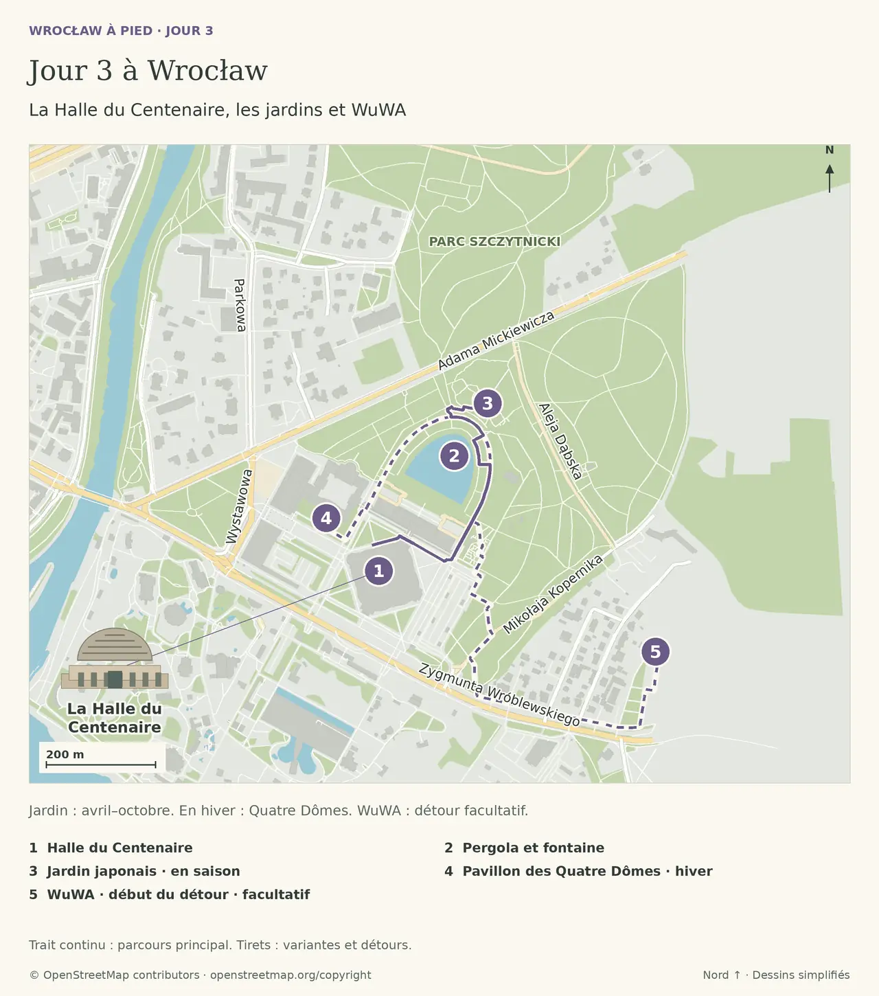 Jour 3 à Wrocław : La Halle du Centenaire, les jardins et WuWA. Les repères sont détaillés dans la légende sous le plan.