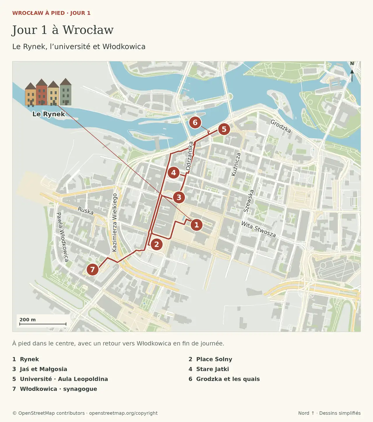 Jour 1 à Wrocław : Le Rynek, l’université et Włodkowica. Les repères sont détaillés dans la légende sous le plan.